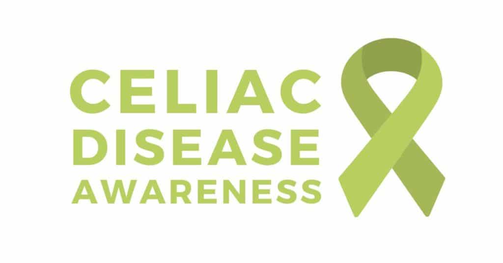 text reading Celiac Disease Awareness Month with green ribbon