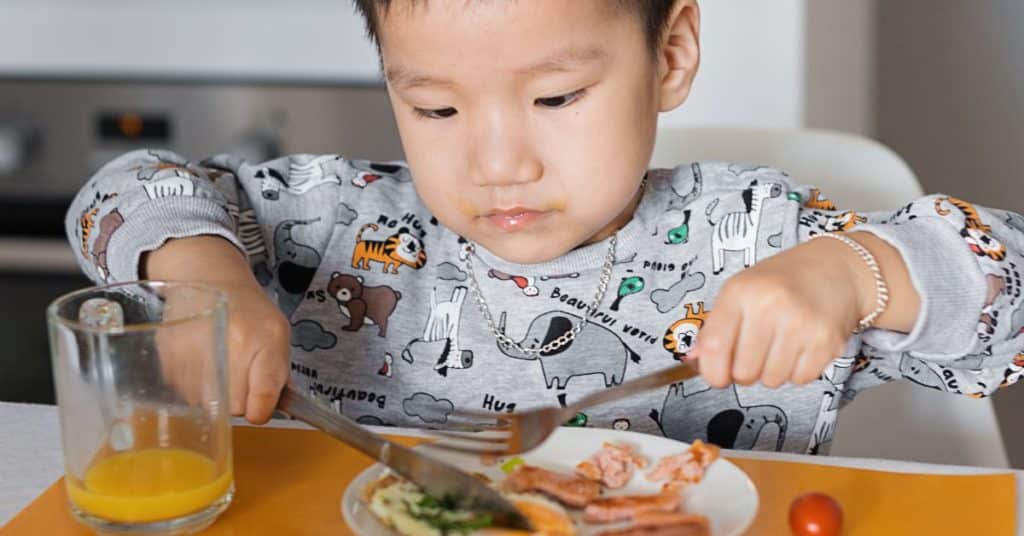 A small boy with food on his face cuts up the food on his plate, Understanding Your Picky Eater Toddler