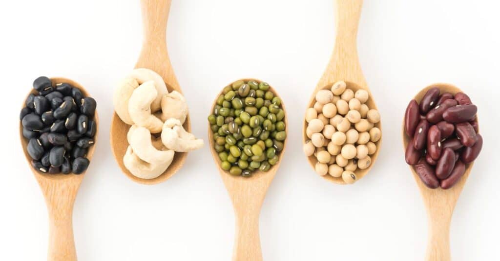Five wooden spoons, each with a different bean or nut in it, featuring black beans, cashews, etc. Are carbohydrates good for you