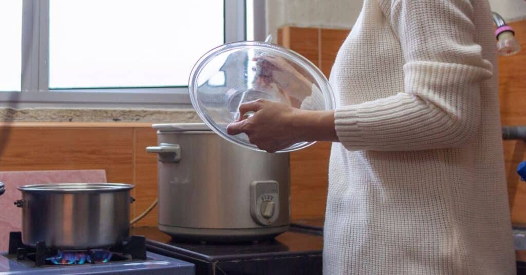 A woman holds open the lid of a slow cooker and stirs what's inside, types of meal planning