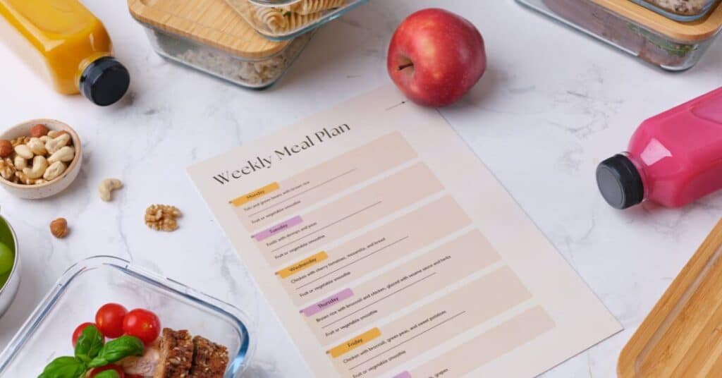 Printed handout titled Weekly Meal Plan with a weekly list of meals set next to various glass food storage containers with pre-prepped meals, types of meal planning