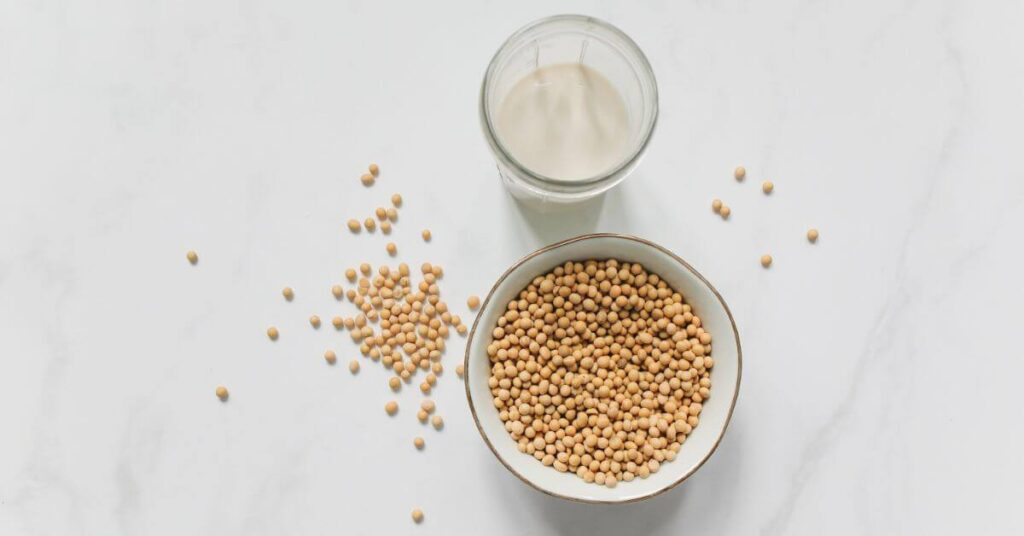 A bowl of soy beans next to a glass of soy milk