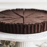 A thin chocolate flourless cake rests on a cake stand