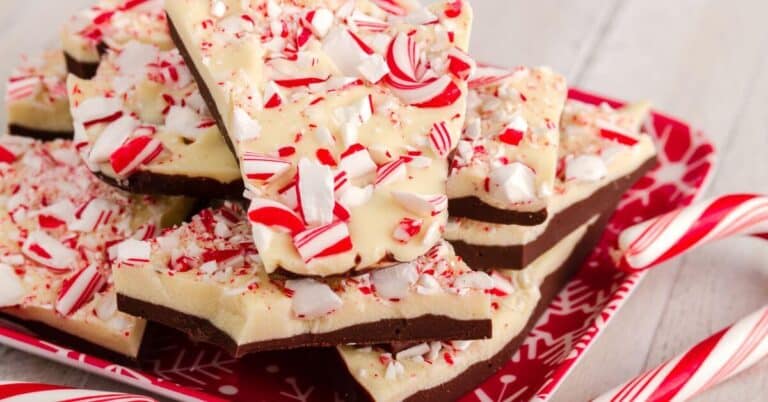 White and dark chocolate bark topped with chunks of peppermint candy cane, Gluten Free Holiday Dessert Recipes
