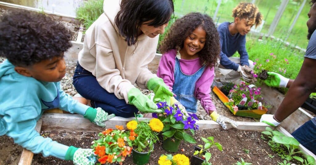 A family planting flowers outside, gardening with kids