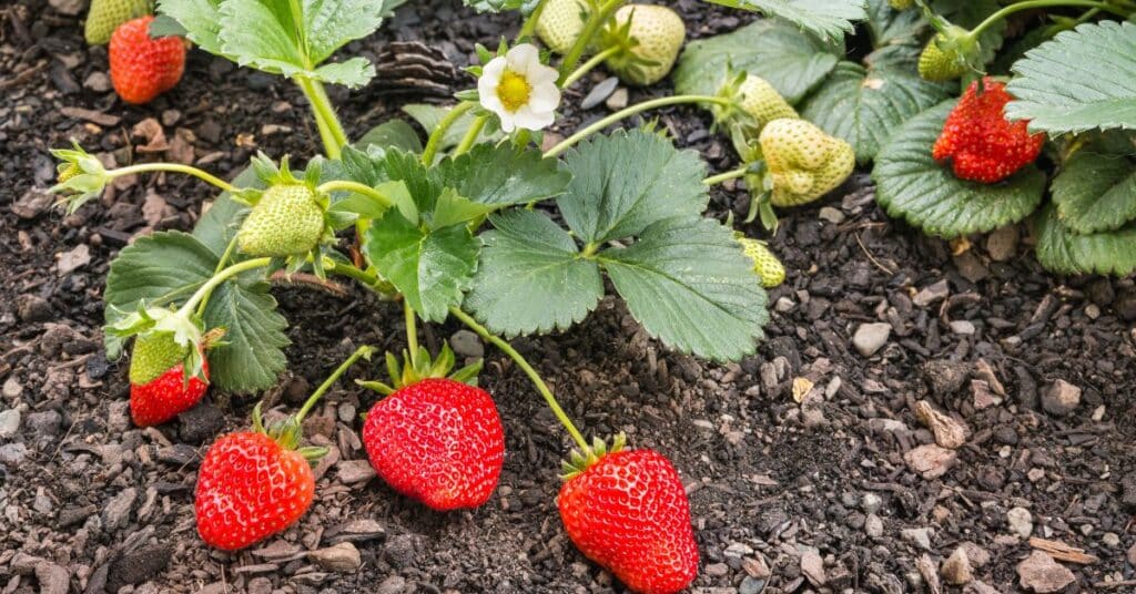 Strawberry plant in the ground, gardening with kids