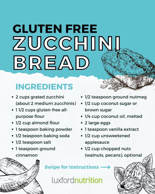 Enjoy your homemade gluten-free zucchini bread 🍞 as a delightful snack or breakfast option. The addition of zucchini not only adds moisture but also sneaks in some extra veggies!

As a dietitian who specializes in adult and children’s autoimmune diseases and food sensitivities AND who happens to have celiac disease herself, I’ve tried A LOT of gluten-free recipes – and this one does NOT fail!

🔖 SAVE this quick and easy gluten-free snack / dessert recipe for later!
____

Image: 
Gluten-Free Zucchini Bread

•2 cups grated zucchini (about 2 medium zucchinis)
•1 1/2 cups gluten-free all-purpose flour
•1/2 cup almond flour
•1 teaspoon baking powder
•1/2 teaspoon baking soda
•1/2 teaspoon salt
•1 teaspoon ground cinnamon
•1/2 teaspoon ground nutmeg
•1/2 cup coconut sugar or brown sugar
•1/4 cup coconut oil, melted
•2 large eggs
•1 teaspoon vanilla extract
•1/2 cup unsweetened applesauce
•1/2 cup chopped nuts (walnuts, pecans), optional

Instructions:
1. Preheat your oven to 350°F (175°C) and grease a 9x5-inch loaf pan.
2. Place the grated zucchini in a clean kitchen towel and squeeze out any excess moisture.
3. In a large bowl, whisk together the gluten-free all-purpose flour, almond flour, baking powder, baking soda, salt, cinnamon, and nutmeg.
4. In another bowl, whisk together the coconut sugar, melted coconut oil, eggs, vanilla extract, and applesauce until well combined.
5. Gradually add the wet ingredients to the dry ingredients and mix until just combined.
6. Fold in the grated zucchini and chopped nuts (if using).
7. Pour the batter into the prepared loaf pan and smooth the top with a spatula.
8. Bake for 50-60 minutes, or until a toothpick inserted into the center comes out clean.
9. Allow the zucchini bread to cool in the pan for about 10 minutes, then transfer it to a wire rack to cool completely before slicing.
.
.
.
#dessertrecipe #glutenfreedessert #glutenfreebread #glutenfree #zucchinibread #zucchinibreadrecipe #gfrecipes #glutenfreeeats #glutenfreedairyfree #glutenfreelifestyle #glutenfreerecipe #glutenfreebaking #glutenfreefoodie #glutenfreebreakfast #glutenfreetreats #glutenfreesnacks #zucchinirecipe #celiaclife  #celiacfriendly #celiacfood